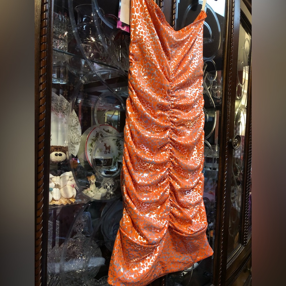 Orange and Silver Metallic Ruched Sleeveless Dress - Picture 9 of 13